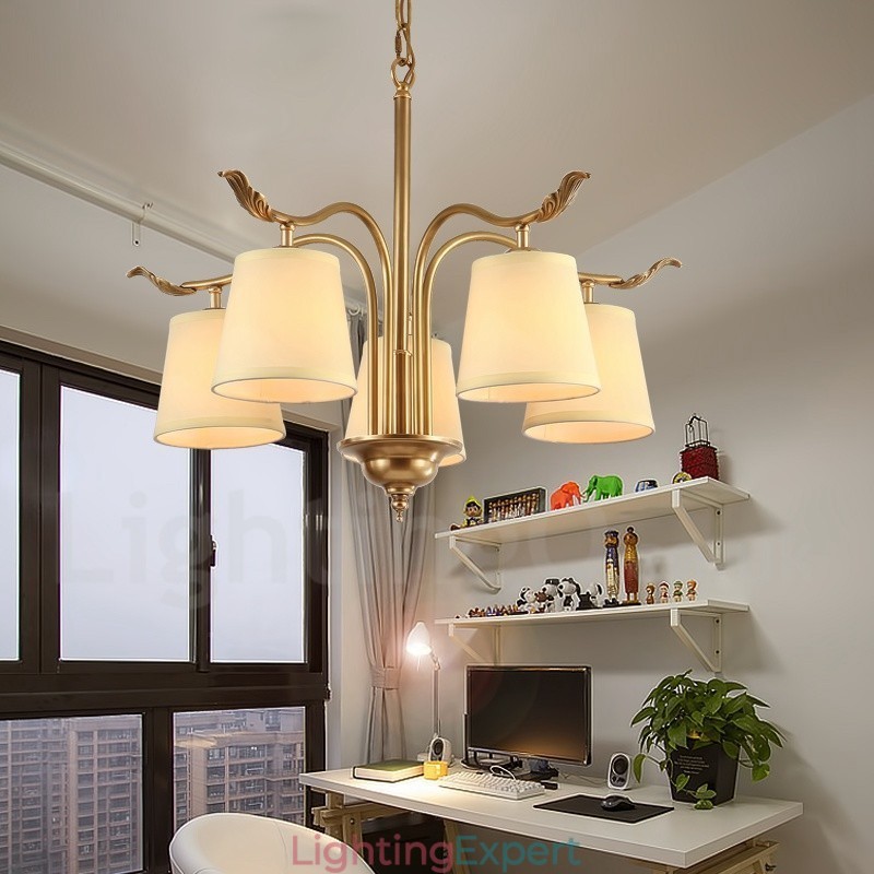 5 Light Retro Rustic Luxury Brass Pendant Lamp Chandelier with Fabric Shade