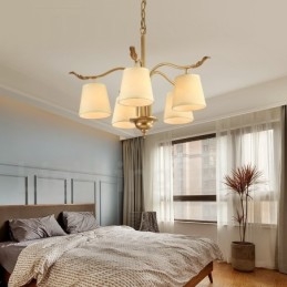 5 Light Retro Rustic Luxury Brass Pendant Lamp Chandelier with Fabric Shade