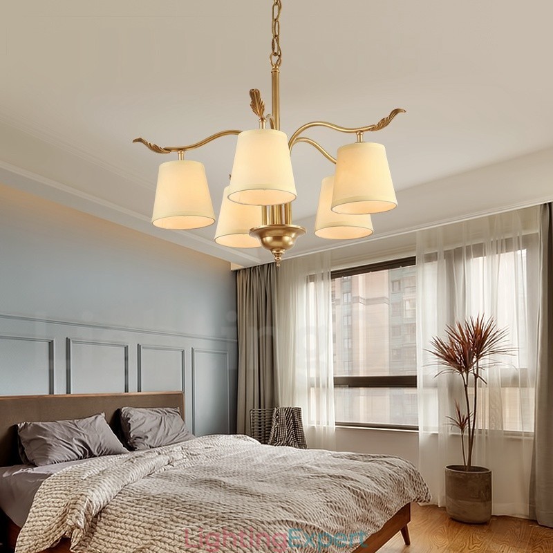 5 Light Retro Rustic Luxury Brass Pendant Lamp Chandelier with Fabric Shade