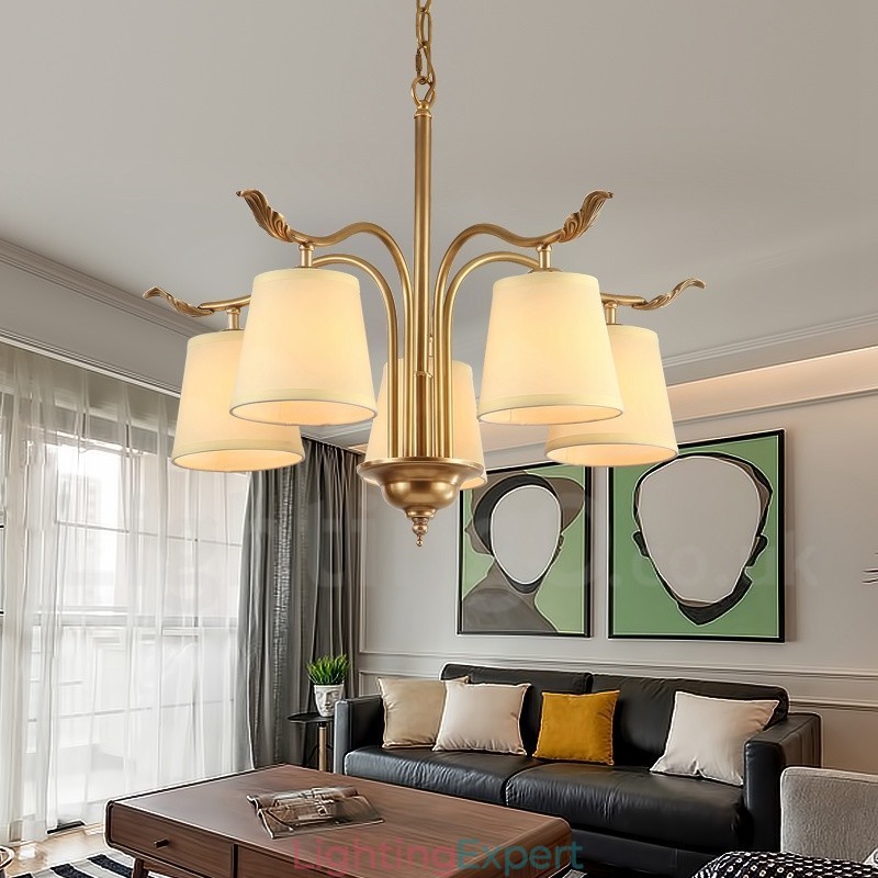 5 Light Retro Rustic Luxury Brass Pendant Lamp Chandelier with Fabric Shade