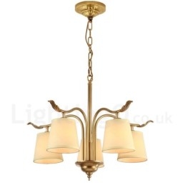 5 Light Retro Rustic Luxury Brass Pendant Lamp Chandelier with Fabric Shade