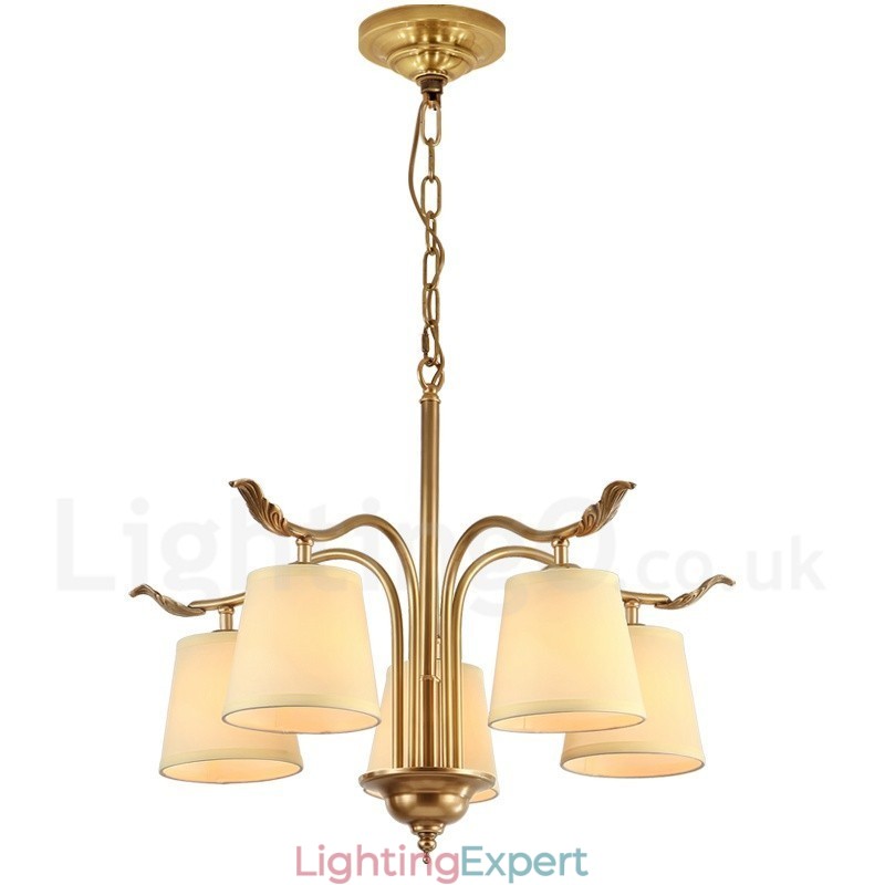 5 Light Retro Rustic Luxury Brass Pendant Lamp Chandelier with Fabric Shade