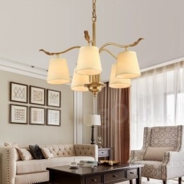 5 Light Retro Rustic Luxury Brass Pendant Lamp Chandelier with Fabric Shade
