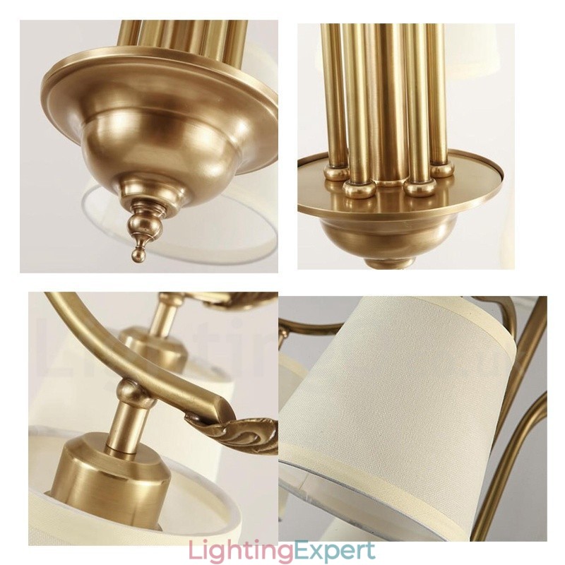 5 Light Retro Rustic Luxury Brass Pendant Lamp Chandelier with Fabric Shade