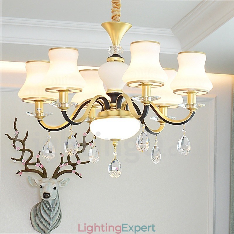 6 Light Retro Rustic Luxury Crystal Pendant Lamp Chandelier with Glass Shade