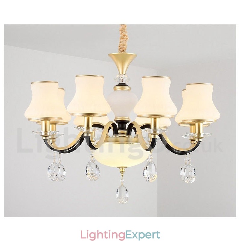 8 Light Retro Rustic Luxury Crystal Pendant Lamp Chandelier with Glass Shade