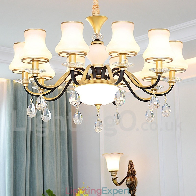 Retro Rustic Luxury Crystal Pendant Lamp Chandelier with Glass Shade