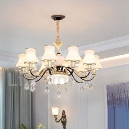 Retro Rustic Luxury Crystal Pendant Lamp Chandelier with Glass Shade