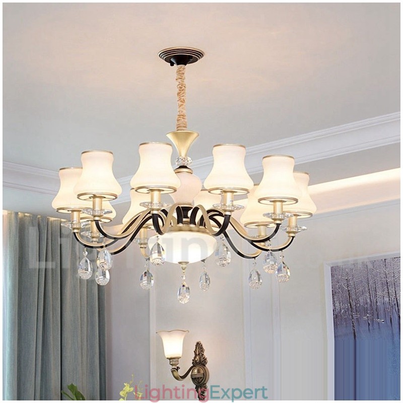 Retro Rustic Luxury Crystal Pendant Lamp Chandelier with Glass Shade