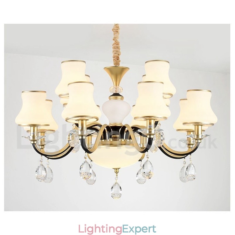 12 Light Retro Rustic Luxury Crystal Pendant Lamp Chandelier with Glass Shade