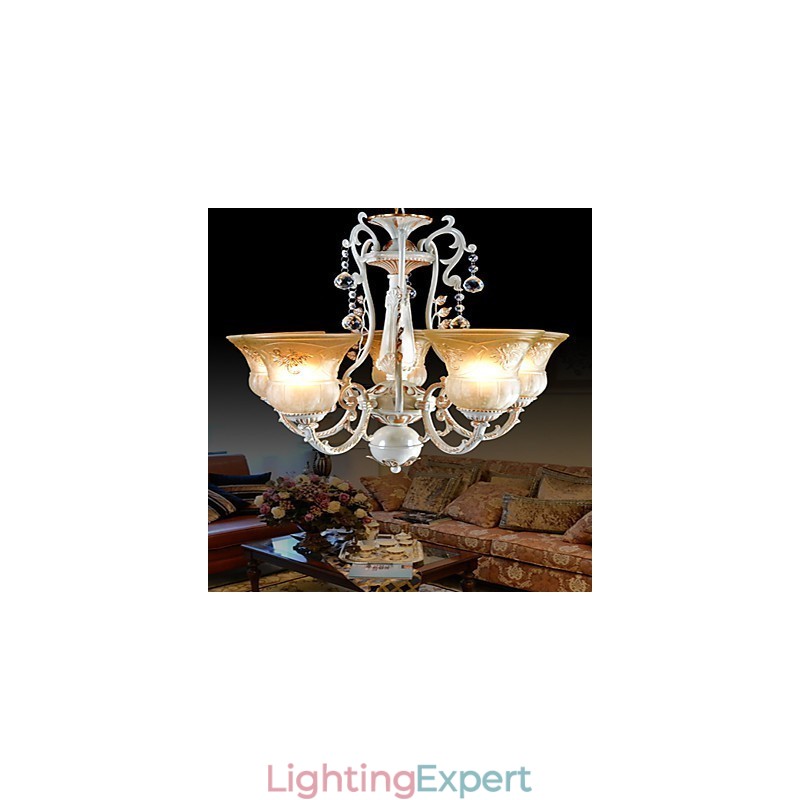 White Chandelier Five Lights Pattern Glass Shade Hand Gilt European Retro Classic