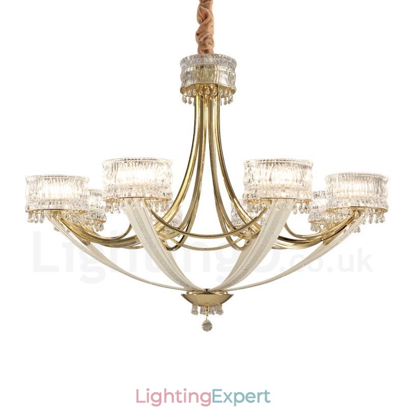 Modern Contemporary 8 Light Steel Chandelier with Crystal Shade