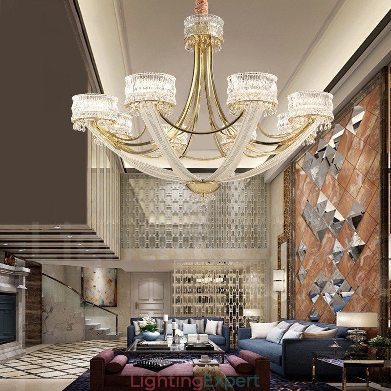 Modern Contemporary 8 Light Steel Chandelier with Crystal Shade