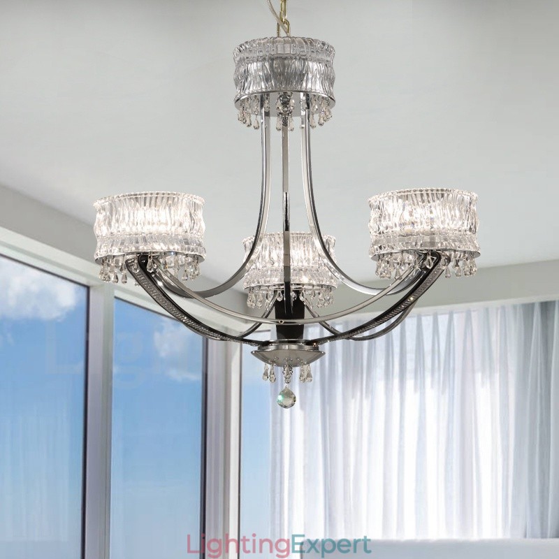 Modern Contemporary 3 Light Steel Chandelier with Crystal Shade