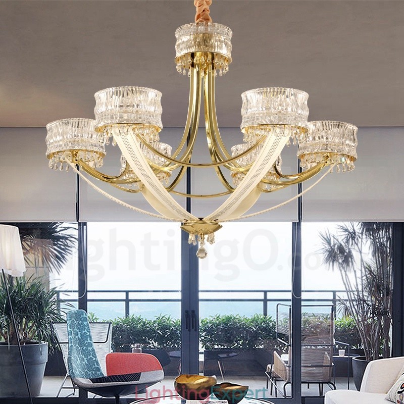 Modern Contemporary 6 Light Steel Chandelier with Crystal Shade