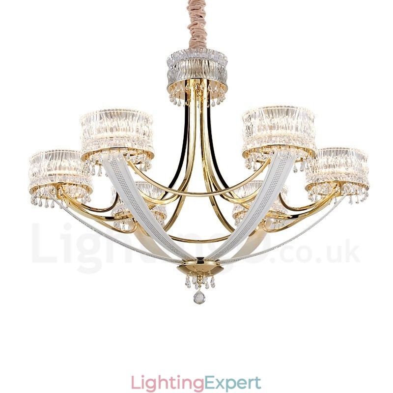 Modern Contemporary 6 Light Steel Chandelier with Crystal Shade