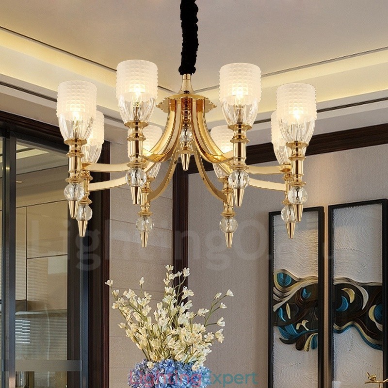 Mediterranean 8 Light Steel Chandelier with Glass Shade