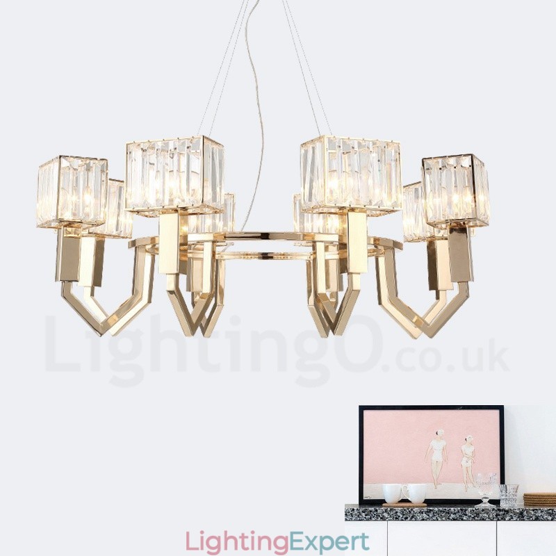 Modern Contemporary 8 Light Steel Pendant Light with Crystal Shade