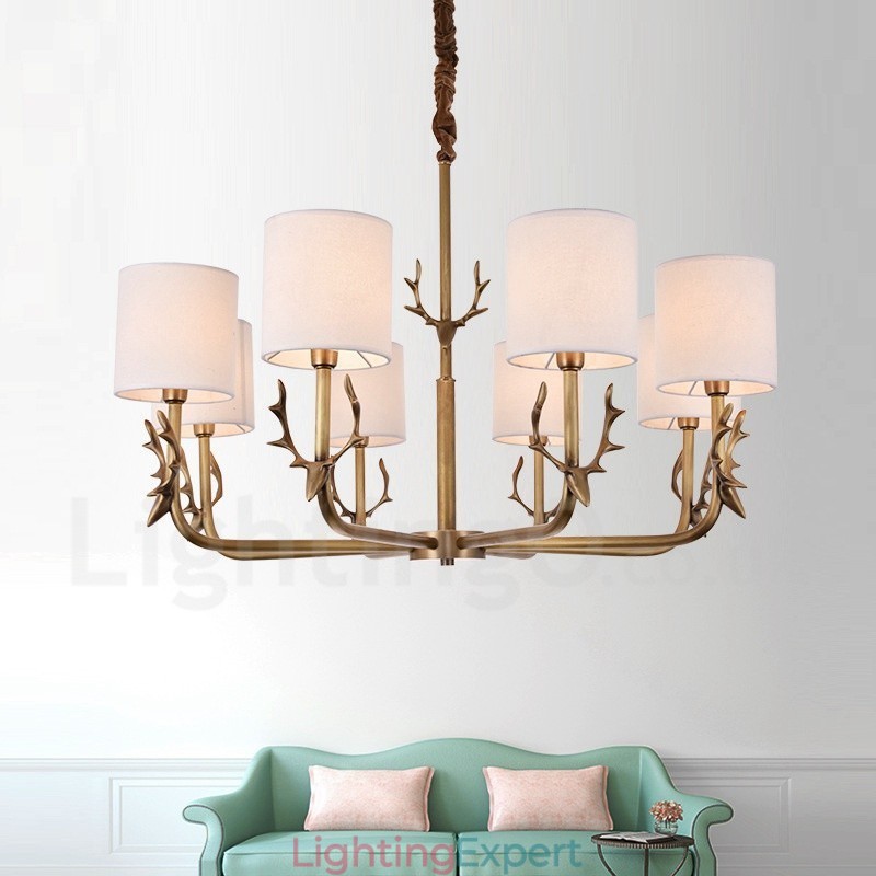 Rustic Lodge 8 Light Brass Chandelier with Fabric Shade