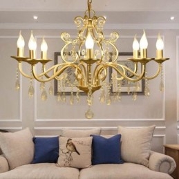 Rustic Lodge 8 Light Crystal Steel Chandelier with Fabric Shade