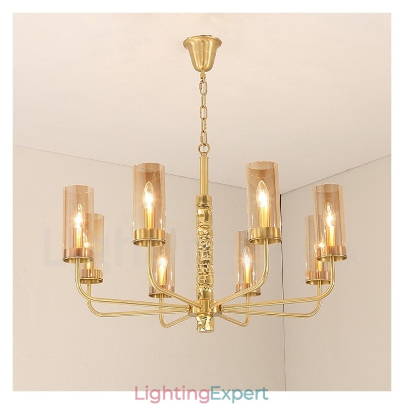 Modern Contemporary 8 Light Brass Chandelier with Glass Shade