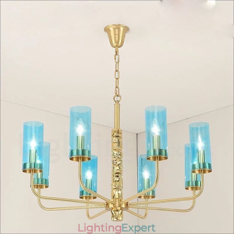 Modern Contemporary 8 Light Brass Chandelier with Glass Shade