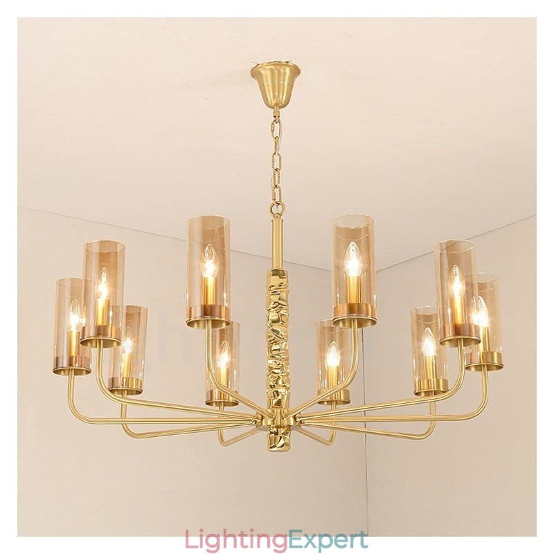 Modern Contemporary 10 Light Brass Chandelier with Glass Shade
