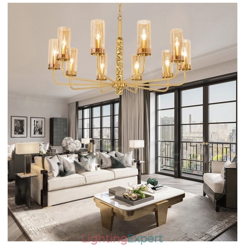 Modern Contemporary 10 Light Brass Chandelier with Glass Shade