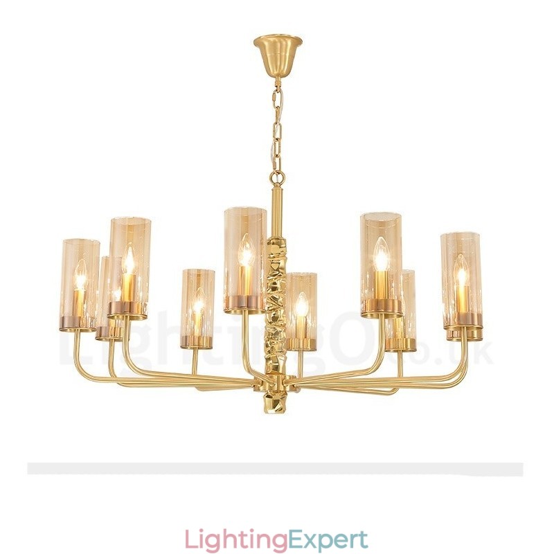 Modern Contemporary 10 Light Brass Chandelier with Glass Shade