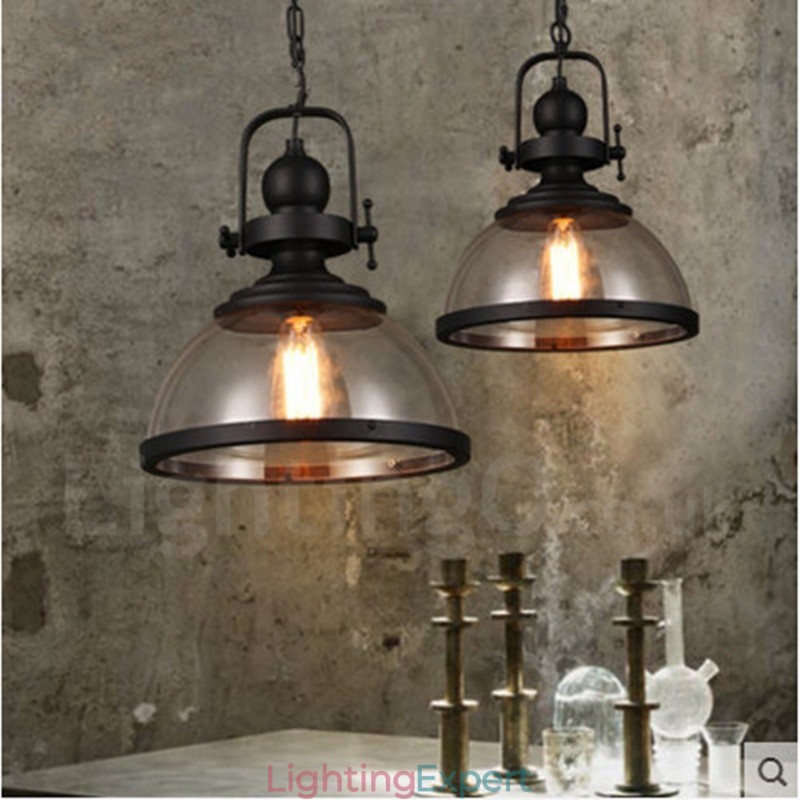 Retro 1 Light Steel Pendant Light with Glass Shade
