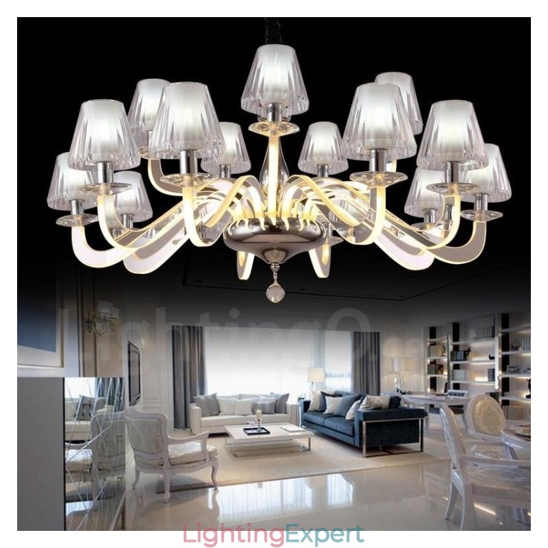 Dimmable Modern Contemporary 15 Light Steel Chandelier with Glass Shade