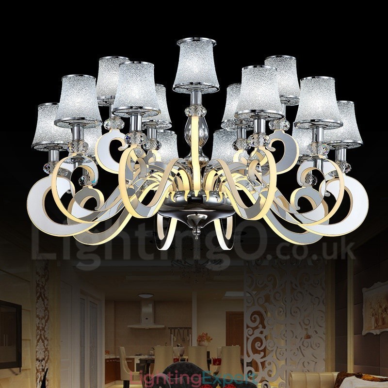 Dimmable Modern Contemporary 15 Light Steel Chandelier with Glass Shade