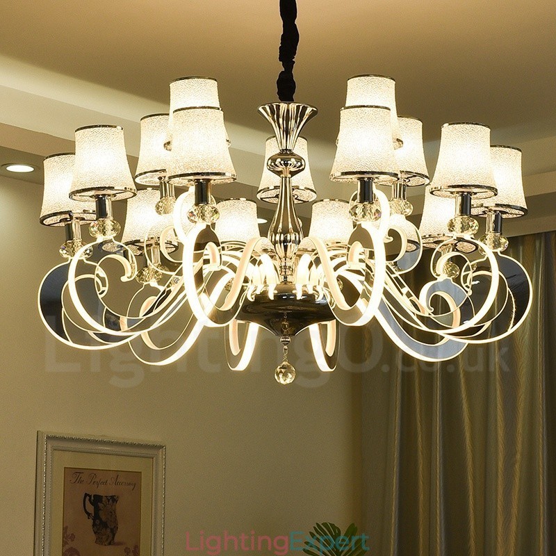 Dimmable Modern Contemporary 15 Light Steel Chandelier with Glass Shade