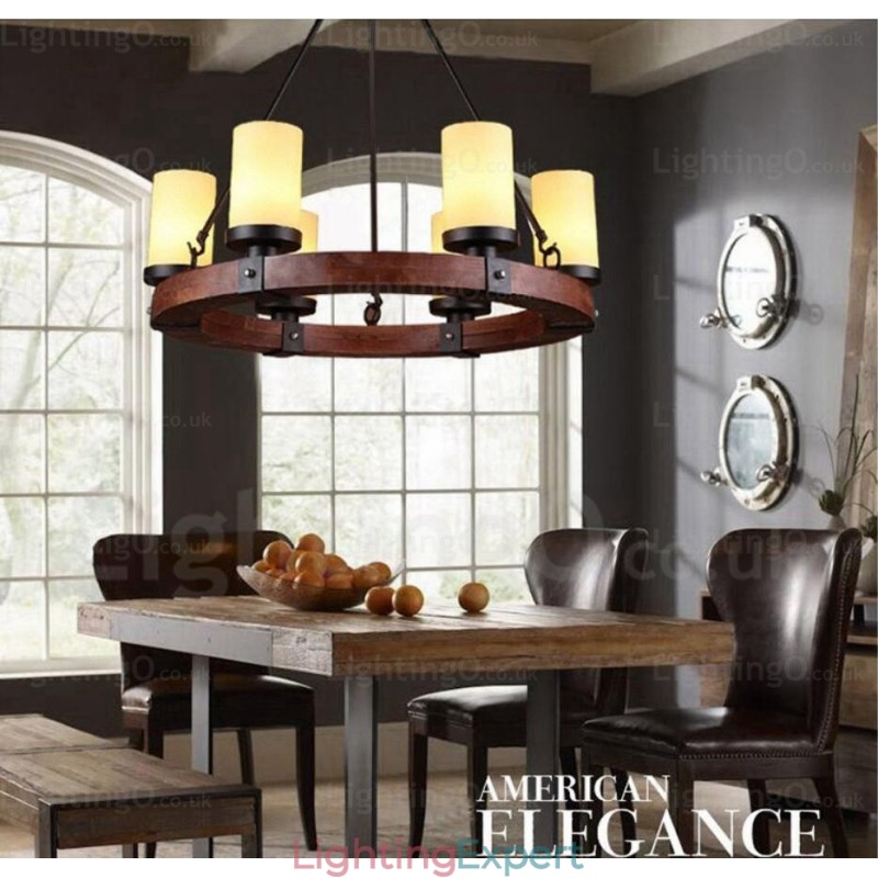 6 Light Country Rustic Pendant Light with Glass Shade