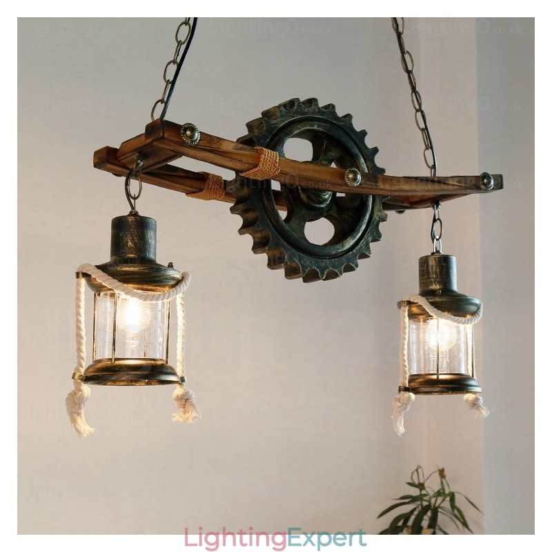 2 Light Country Rustic Vintage Retro Pendant Light with Glass Shade
