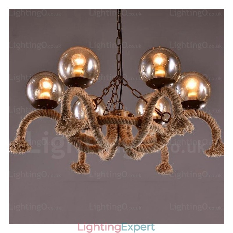 6 Light Vintage Retro Pendant Light with Glass Shade