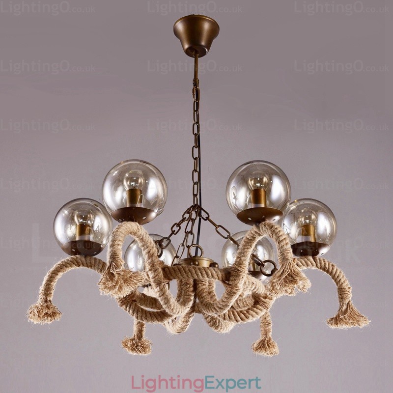 6 Light Vintage Retro Pendant Light with Glass Shade