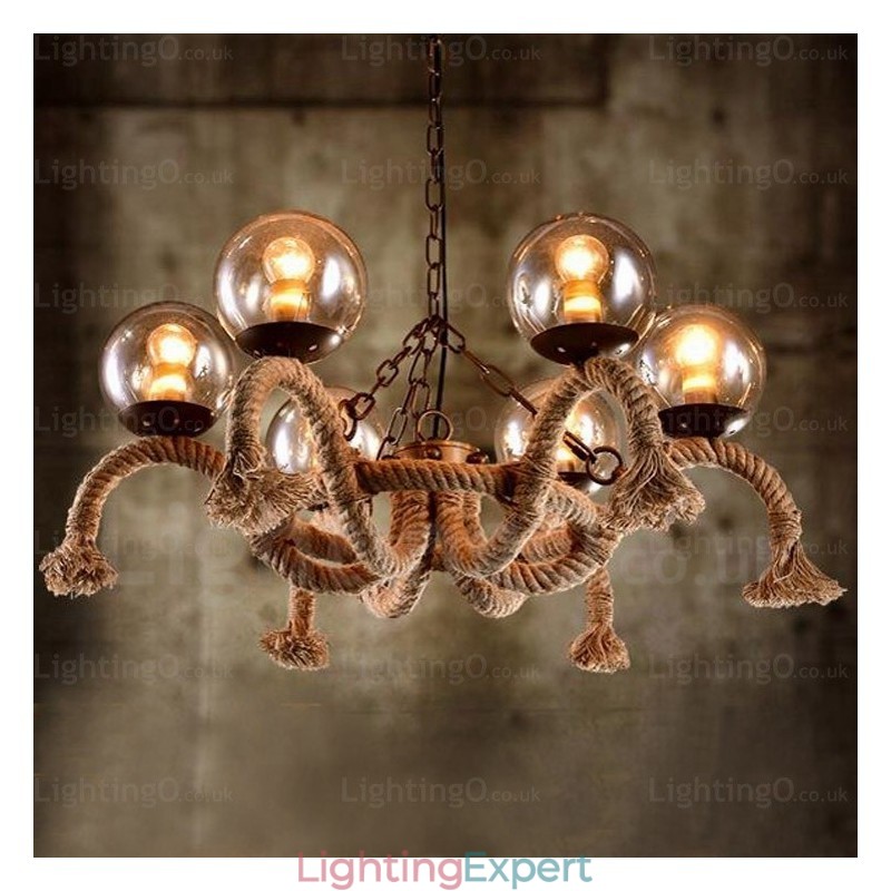 6 Light Vintage Retro Pendant Light with Glass Shade