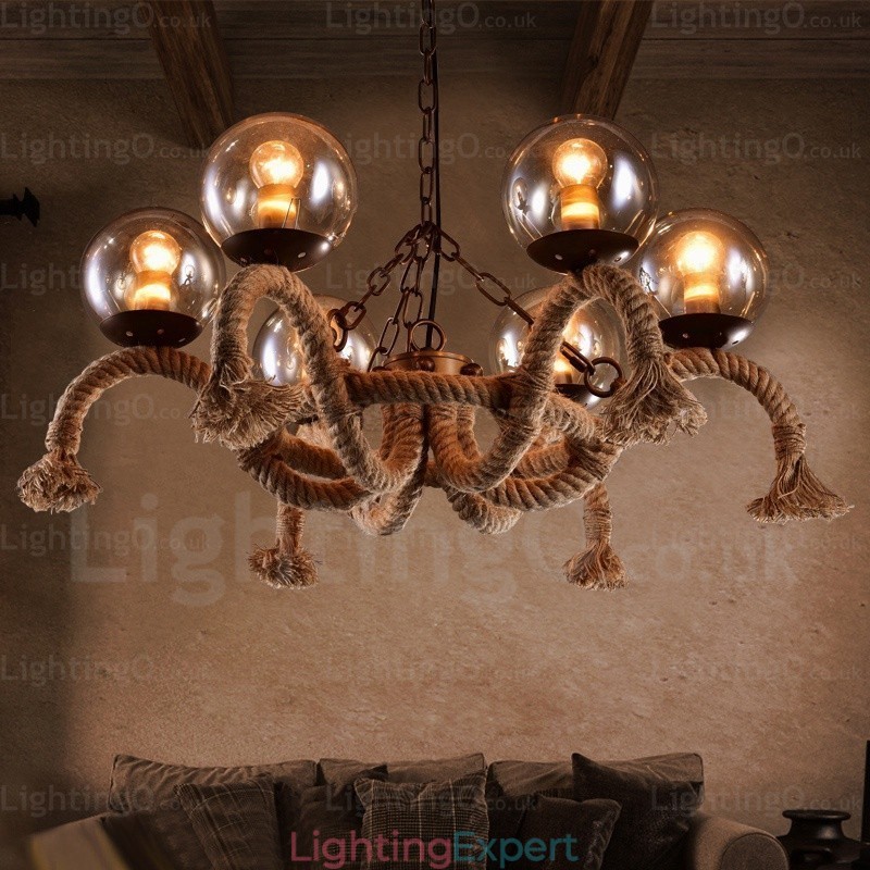 6 Light Vintage Retro Pendant Light with Glass Shade