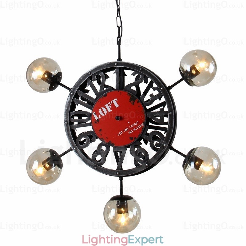 5 Light Vintage Retro Pendant Light with Glass Shade