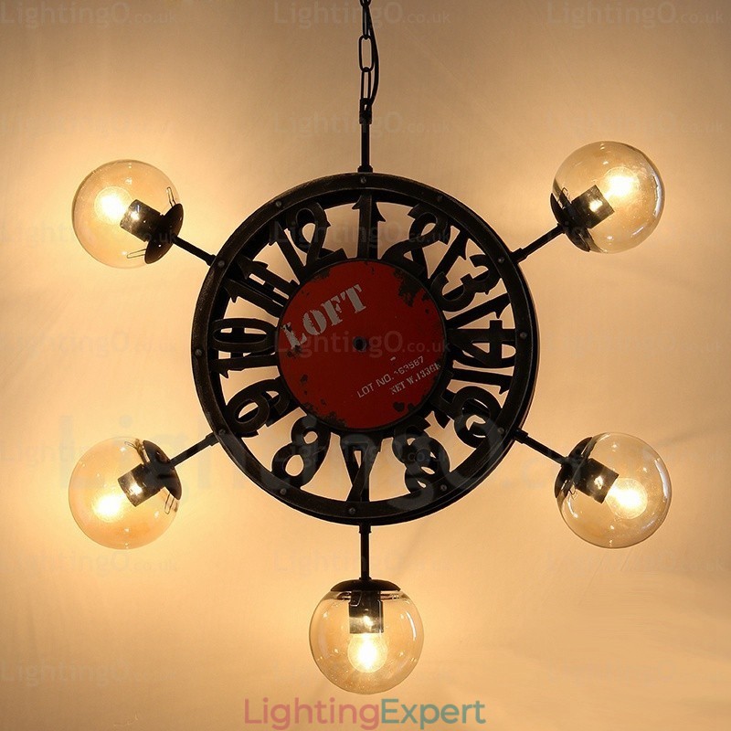 5 Light Vintage Retro Pendant Light with Glass Shade