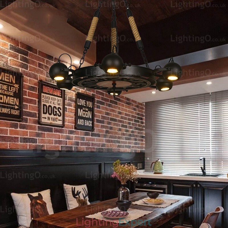 6 Light Vintage Retro Pendant Light with Stainless Steel Shade