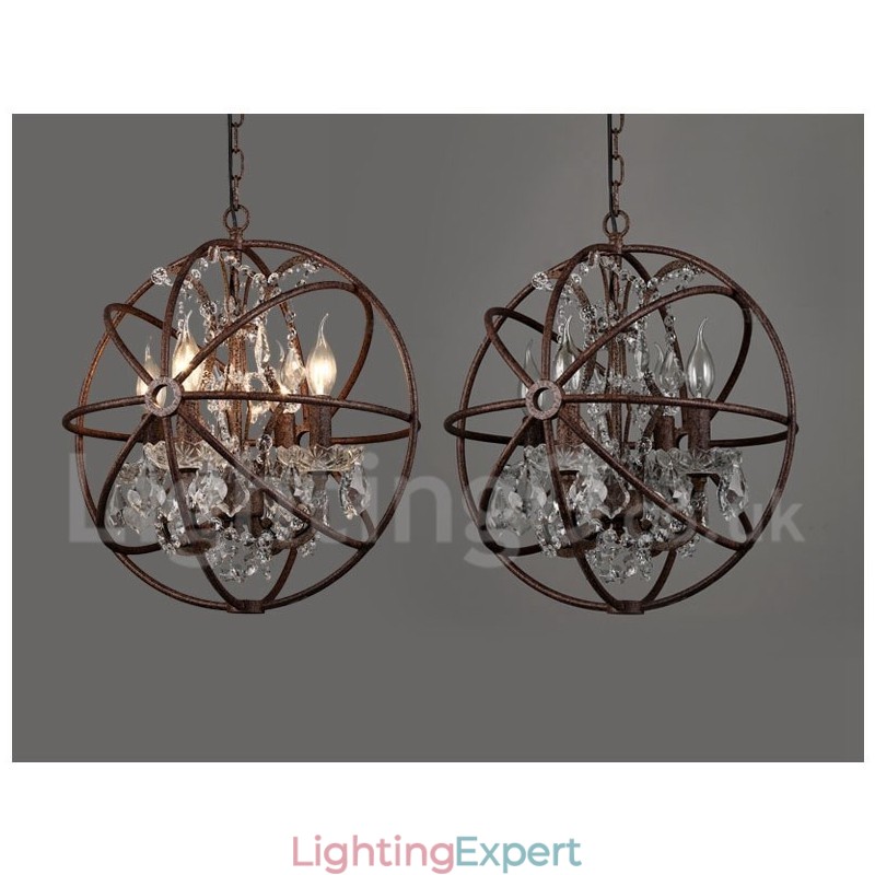 4 Light Diameter 40CM Vintage Crystal Globe Painting Metal Chandelier Rusty Colour Pendant Light