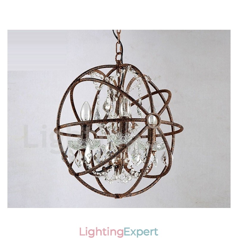 4 Light Diameter 40CM Vintage Crystal Globe Painting Metal Chandelier Rusty Colour Pendant Light