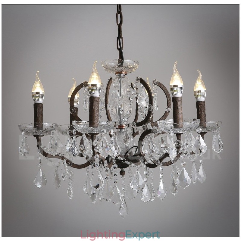 6 Light Diameter 60CM Vintage Crystal Painting Metal Chandelier Rusty Iron Colour Pendant Light