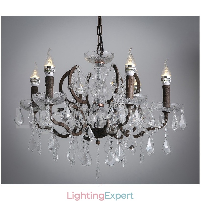 6 Light Diameter 60CM Vintage Crystal Painting Metal Chandelier Rusty Iron Colour Pendant Light