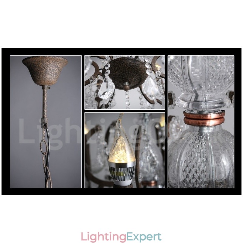 6 Light Diameter 60CM Vintage Crystal Painting Metal Chandelier Rusty Iron Colour Pendant Light