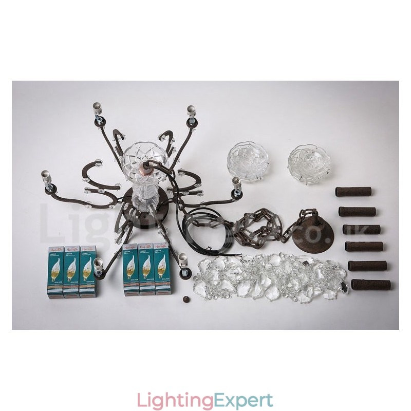 6 Light Diameter 60CM Vintage Crystal Painting Metal Chandelier Rusty Iron Colour Pendant Light