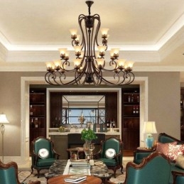 24 Lights High Ceiling Vintage Country Island Painting Metal Chandelier with Glass Shades Hight Ceiling