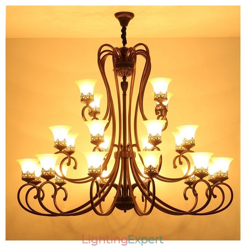 24 Lights High Ceiling Vintage Country Island Painting Metal Chandelier with Glass Shades Hight Ceiling